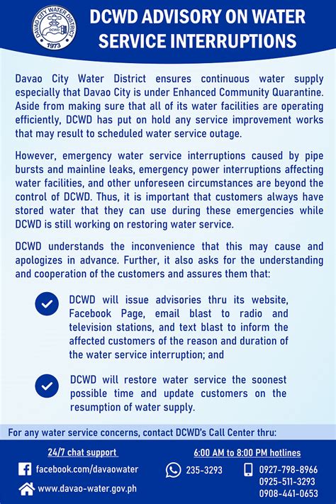 davao water district water interruption schedule|Water service interruption on Nov 24 at Riverside WSS.